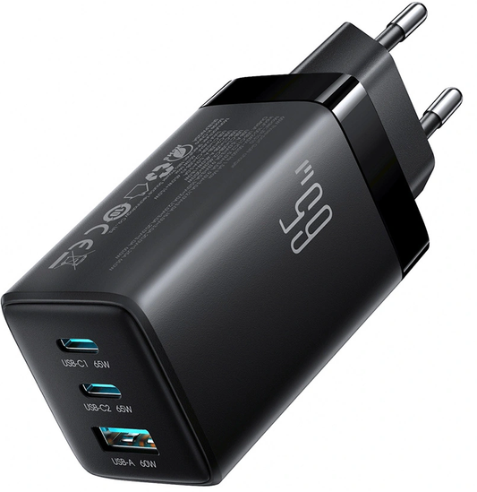 Cargador de Red con Cable USB-C Joyroom JR-TG10, 65W, 3.25A, 1 x USB-A - 2 x USB-C, Negro