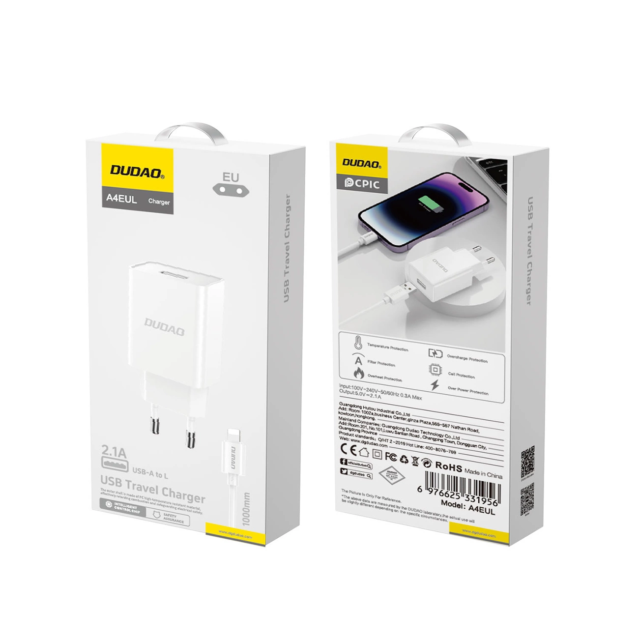 Cargador de Red con Cable Lightning Dudao A4EU, 10W, 2.1A, 1 x USB-A, Blanco