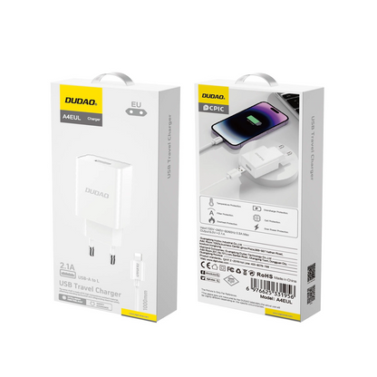Cargador de Red con Cable Lightning Dudao A4EU, 10W, 2.1A, 1 x USB-A, Blanco