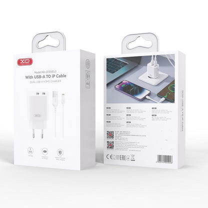 Cargador de pared con cable Lightning XO Design CE55, 12 W, 2,4 A, 2 x USB-A, blanco