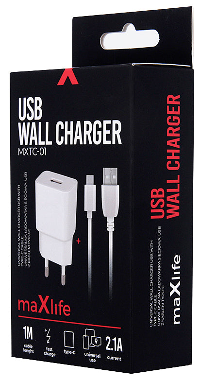 Cargador de Red con Cable USB-C MaXlife MXTC-01, 10.5W, 2.1A, 1 x USB-A, Blanco