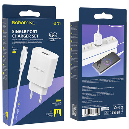 Cargador de red con cable USB-C Borofone BN1, 10W, 2.1A, 1 x USB-A, Blanco