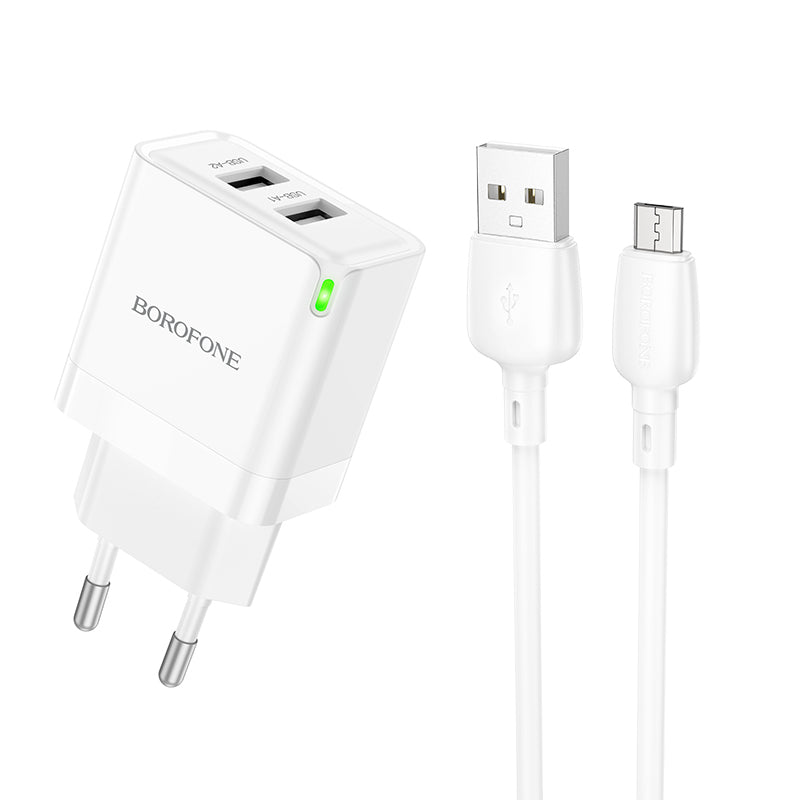 Cargador de red con cable microUSB Borofone BN15 Strong, 10,5 W, 2,1 A, 2 x USB-A, blanco 