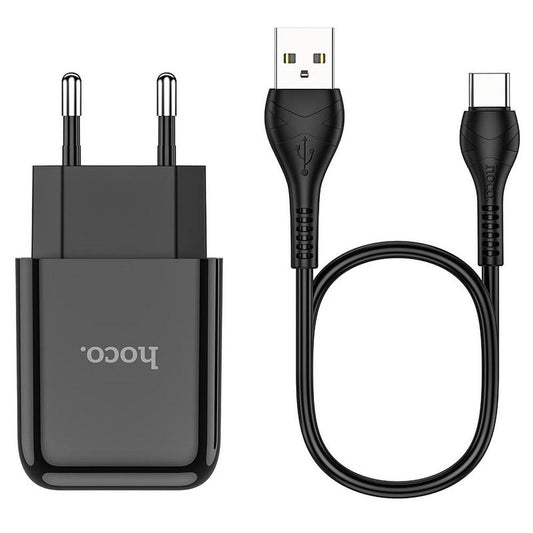Cargador de Red con Cable USB-C HOCO N2, 10W, 2A, 1 x USB-A, Negro