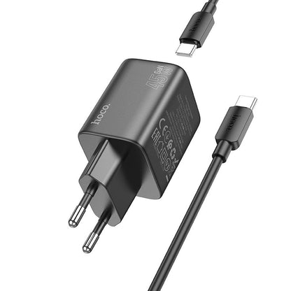 Cargador de red con cable USB-C HOCO N42, 45W, 3A, 2 x USB-C, Negro 