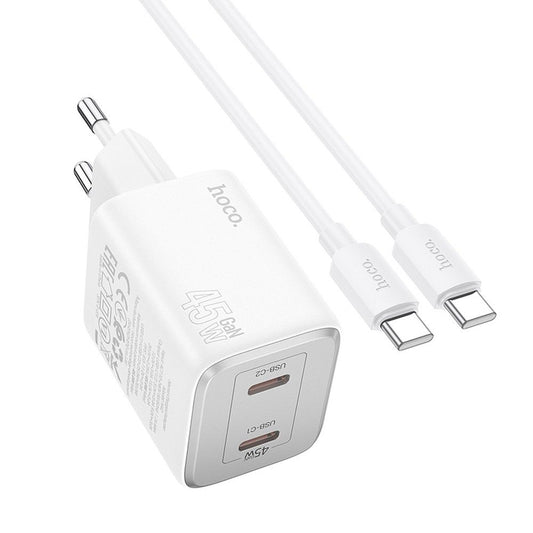 Cargador de red con cable USB-C HOCO N42, 45W, 3A, 2 x USB-C, Blanco 