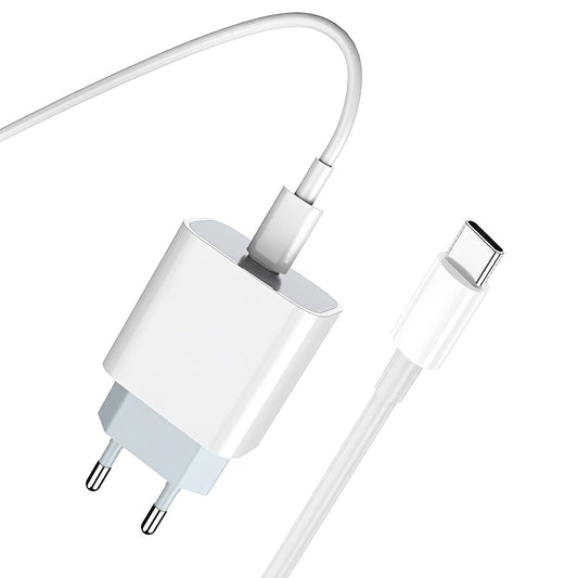 Cargador de Red con Cable USB-C Prestico F8S, 20W, 3A, 1 x USB-C, Blanco