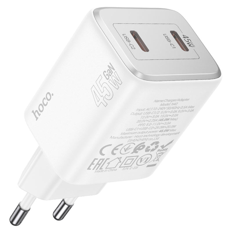 Cargador de red con cable Lightning HOCO N42, 45W, 3A, 2 x USB-C, Blanco 