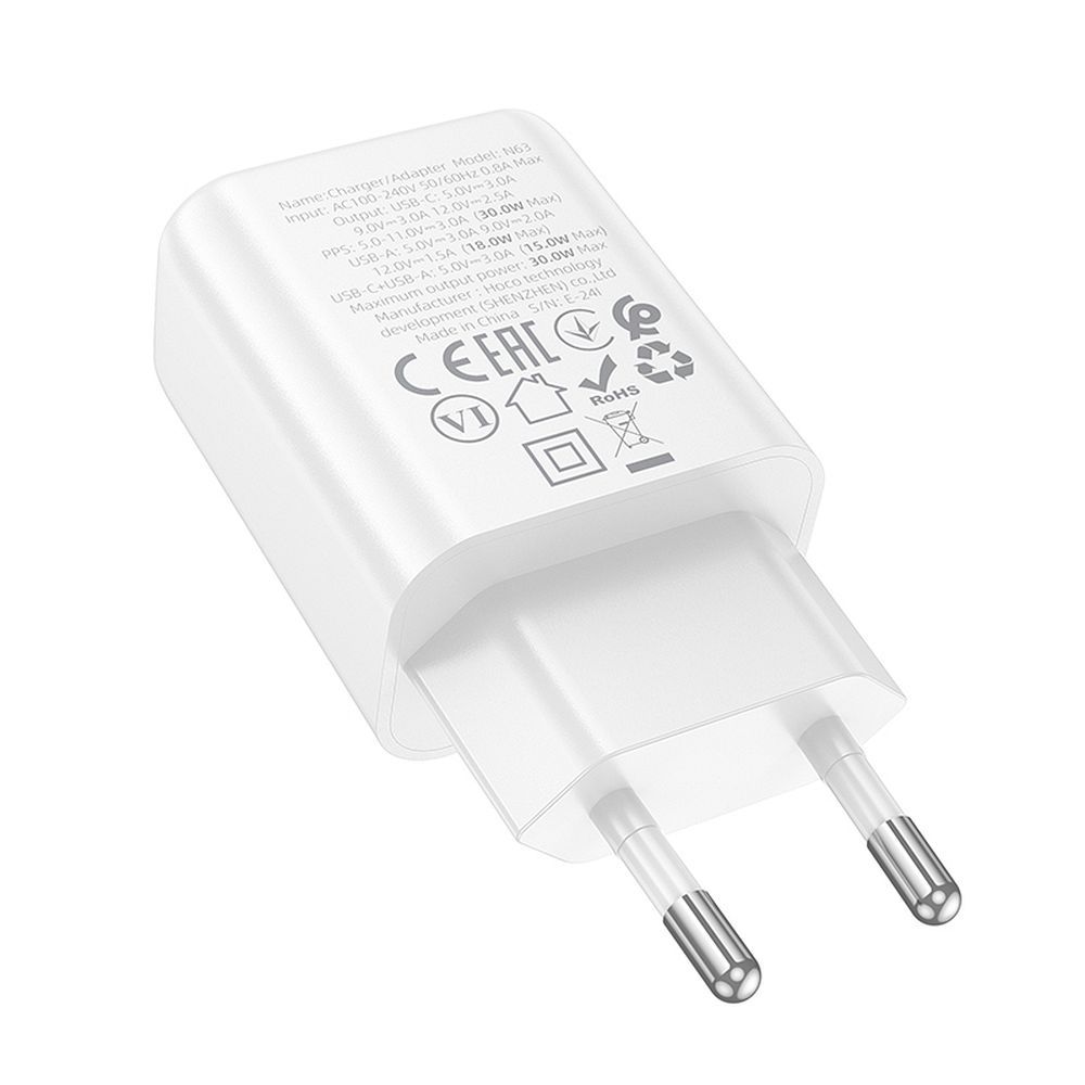 Cargador de Red HOCO N63, 30W, 3A, 1 x USB-A - 1 x USB-C, Blanco