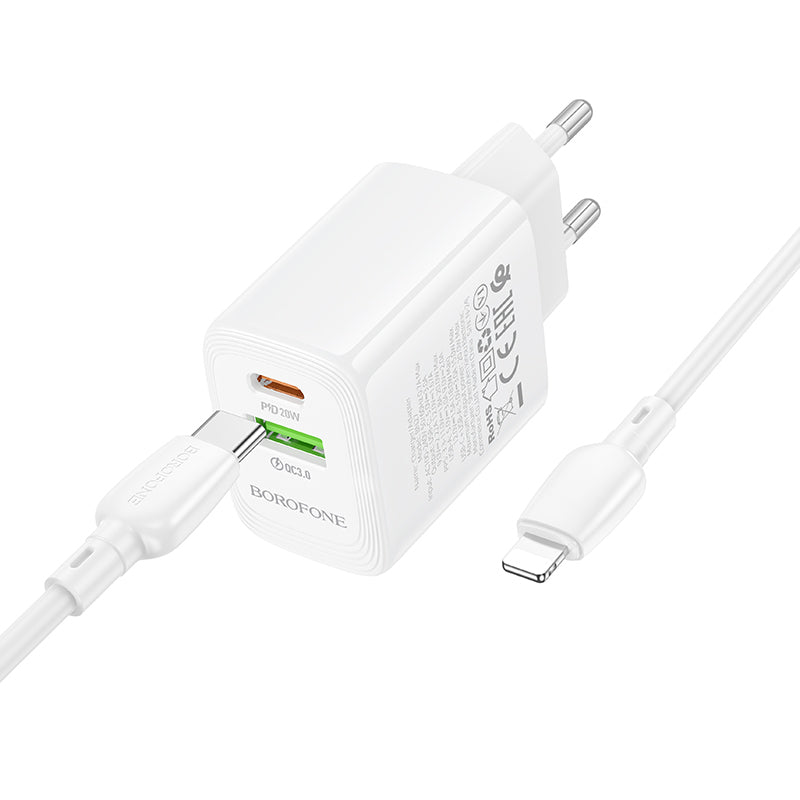 Cargador de Red con Cable Lightning Borofone BN27 Fuente, 20W, 3A, 1 x USB-A - 1 x USB-C, Blanco