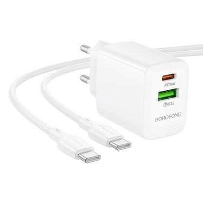 Cargador de Red con Cable USB-C Borofone BN29 Fuente, 30W, 3A, 1 x USB-A - 1 x USB-C, Blanco