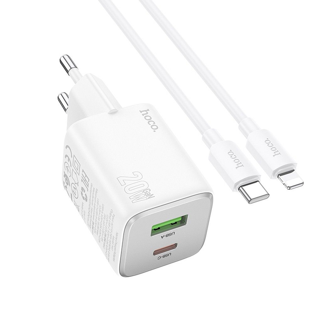Cargador de Red con Cable Lightning HOCO N41, 20W, 3A, 1 x USB-A - 1 x USB-C, Blanco