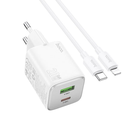 Cargador de Red con Cable Lightning HOCO N41, 20W, 3A, 1 x USB-A - 1 x USB-C, Blanco