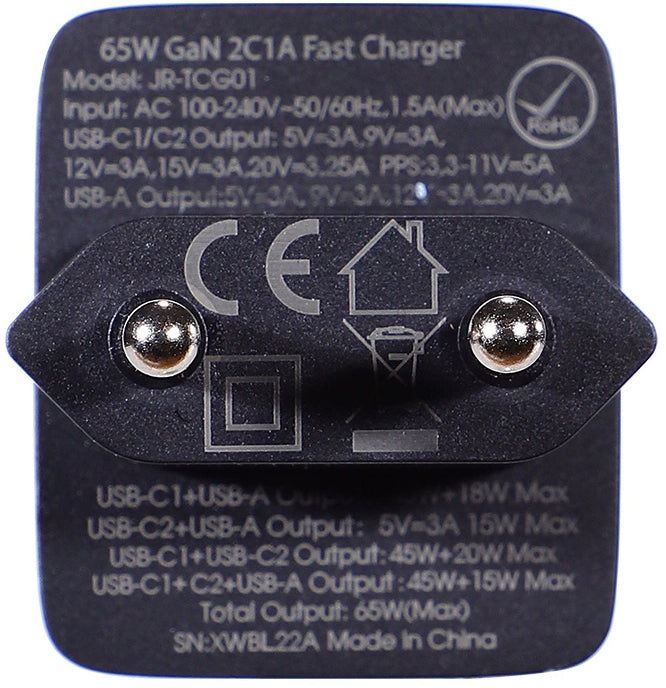 Cargador de Red con Cable USB-C Joyroom TCG01, 65W, 3.25A, 1 x USB-A - 2 x USB-C, Negro