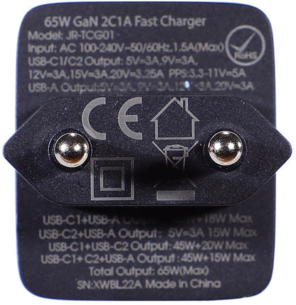 Cargador de Red con Cable USB-C Joyroom TCG01, 65W, 3.25A, 1 x USB-A - 2 x USB-C, Negro