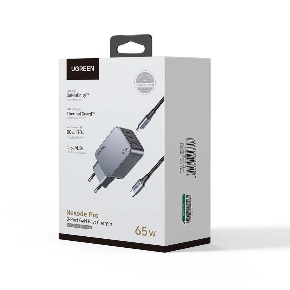 Cargador de Red con Cable USB-C UGREEN X755 Nexode Pro, 65W, 3A, 1 x USB-A - 2 x USB-C, Gris