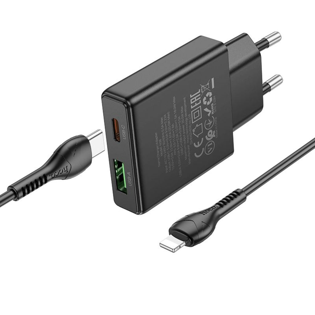 Cargador de Red con Cable Lightning HOCO N38, 20W, 3A, 1 x USB-A - 1 x USB-C, Negro