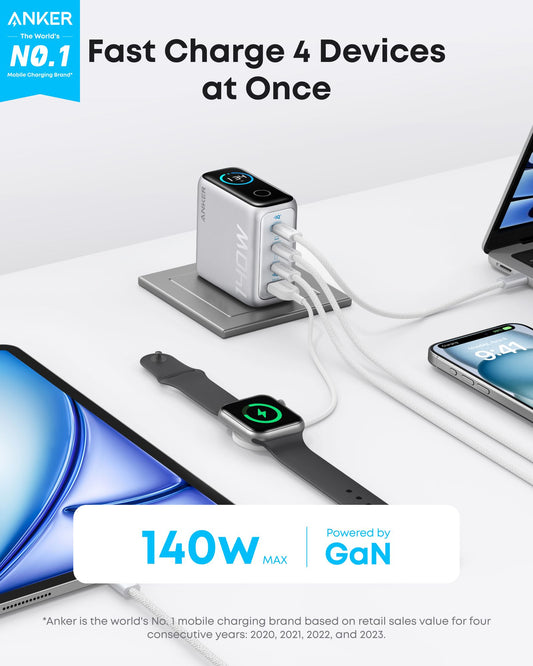 Cargador de Red con Cable USB-C Anker Zolo, 140W, 5A, 1 x USB-A - 3 x USB-C, Plateado B2697G41