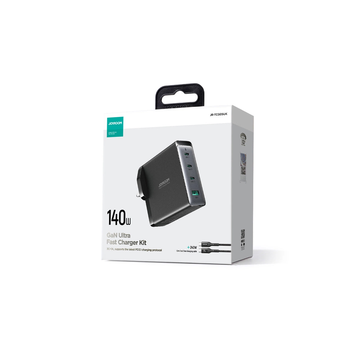 Cargador de Red con Cable USB-C Joyroom JR-TCG05UK, 140W, 5A, 1 x USB-A - 3 x USB-C, UK, Negro