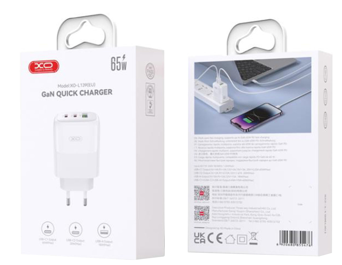 Cargador de Red con Cable USB-C XO Design L139, 65W, 4.5A, 1 x USB-A - 2 x USB-C, Blanco