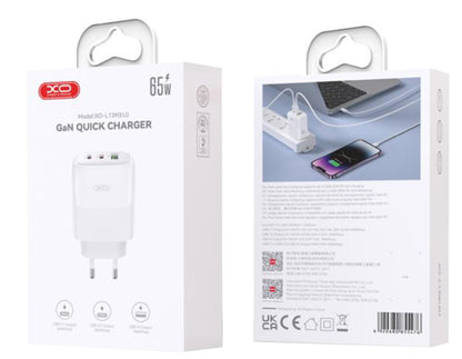 Cargador de Red con Cable USB-C XO Design L139, 65W, 4.5A, 1 x USB-A - 2 x USB-C, Blanco