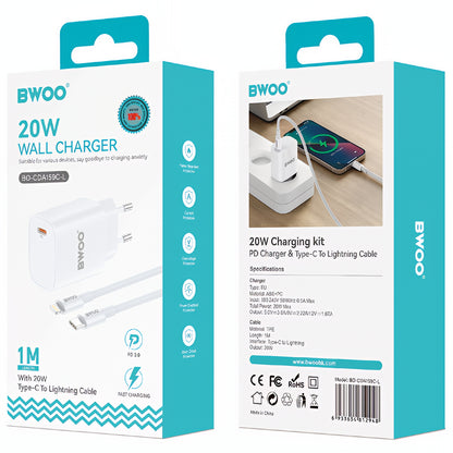 Cargador de Red con Cable Lightning BWOO CDA159, 20W, 3A, 1 x USB-C, Blanco