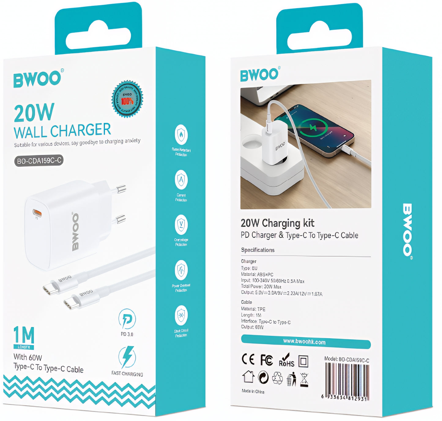 Cargador de Red con Cable USB-C BWOO CDA159, 20W, 3A, 1 x USB-C, Blanco