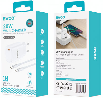 Cargador de Red con Cable USB-C BWOO CDA159, 20W, 3A, 1 x USB-C, Blanco