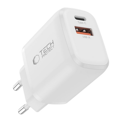 Cargador de Red con Cable Lightning Tech-Protect NCA20, 20W, 3A, 1 x USB-A - 1 x USB-C, Blanco