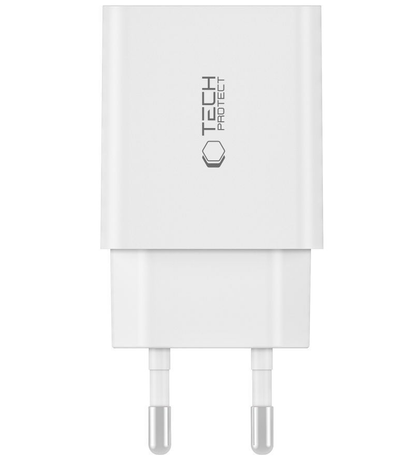Cargador de Red con Cable USB-C Tech-Protect C35W, 35W, 3A, 2 x USB-C, Blanco