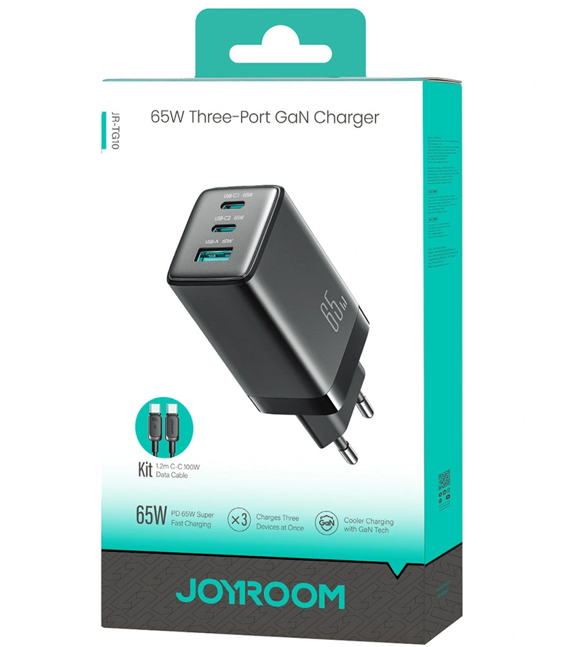 Cargador de Red con Cable USB-C Joyroom JR-TG10, 65W, 3.25A, 1 x USB-A - 2 x USB-C, Negro