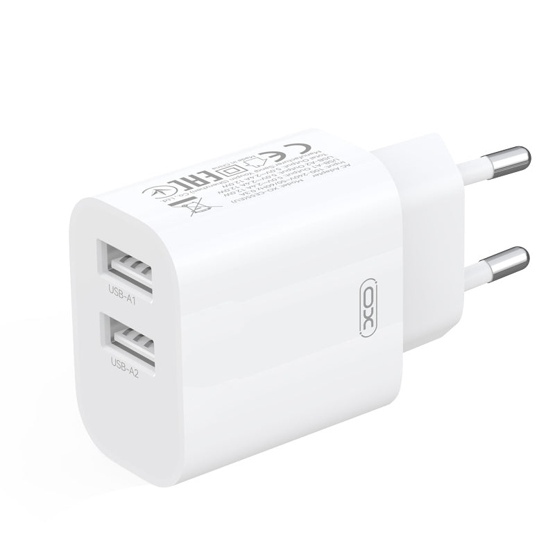 Cargador de pared con cable Lightning XO Design CE55, 12 W, 2,4 A, 2 x USB-A, blanco