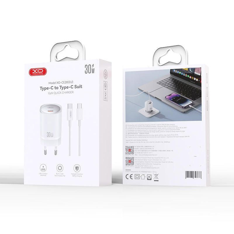 XO Design CE20, 30W, 3A, 1 x USB-C, 1 x USB-C, Blanco 