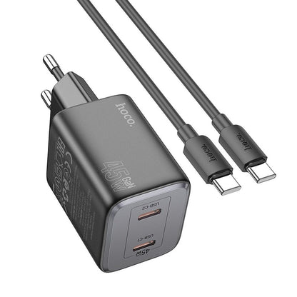 Cargador de red con cable USB-C HOCO N42, 45W, 3A, 2 x USB-C, Negro 