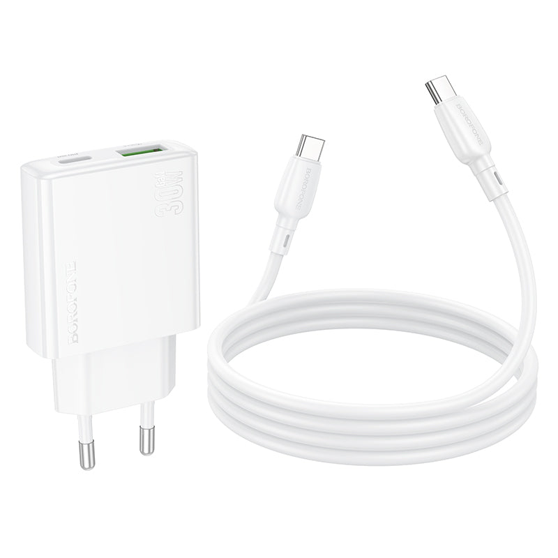 Cargador de red con cable USB-C Borofone BN25 Wish, 30W, 3A, 1 x USB-A - 1 x USB-C, Blanco 