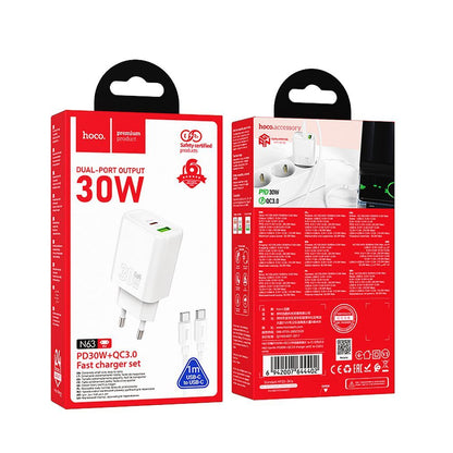 Cargador de Red con Cable USB-C HOCO N63, 30W, 3A, 1 x USB-A - 1 x USB-C, Blanco