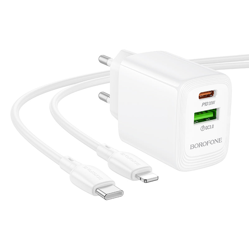 Cargador de Red con Cable Lightning Borofone BN27 Fuente, 20W, 3A, 1 x USB-A - 1 x USB-C, Blanco