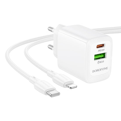Cargador de Red con Cable Lightning Borofone BN27 Fuente, 20W, 3A, 1 x USB-A - 1 x USB-C, Blanco