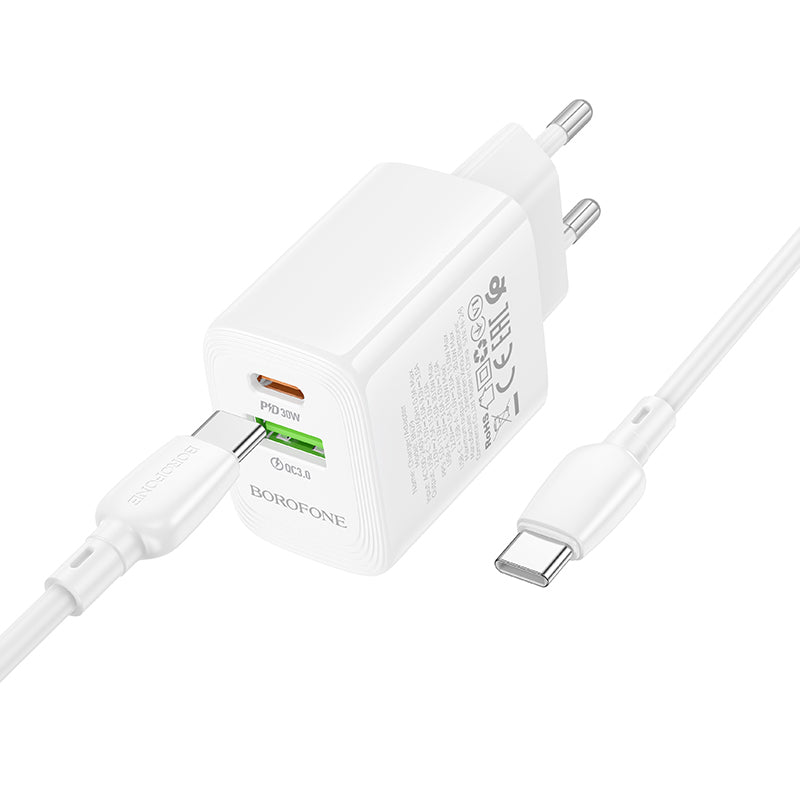 Cargador de Red con Cable USB-C Borofone BN29 Fuente, 30W, 3A, 1 x USB-A - 1 x USB-C, Blanco