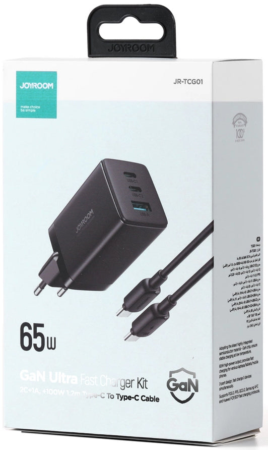 Cargador de Red con Cable USB-C Joyroom TCG01, 65W, 3.25A, 1 x USB-A - 2 x USB-C, Negro