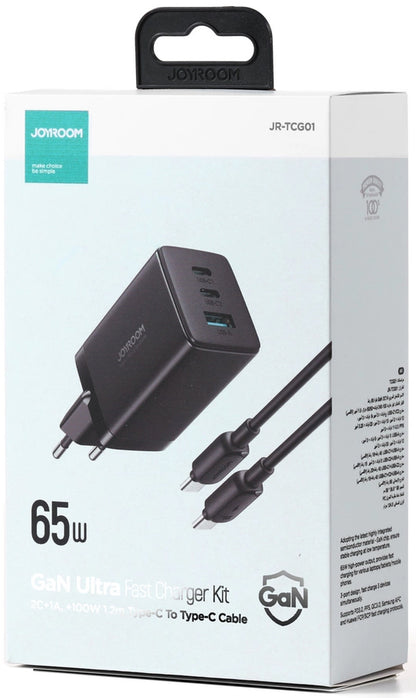 Cargador de Red con Cable USB-C Joyroom TCG01, 65W, 3.25A, 1 x USB-A - 2 x USB-C, Negro