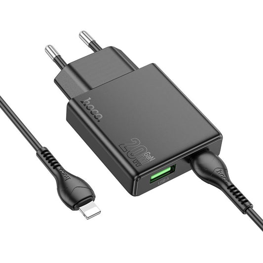 Cargador de Red con Cable Lightning HOCO N38, 20W, 3A, 1 x USB-A - 1 x USB-C, Negro