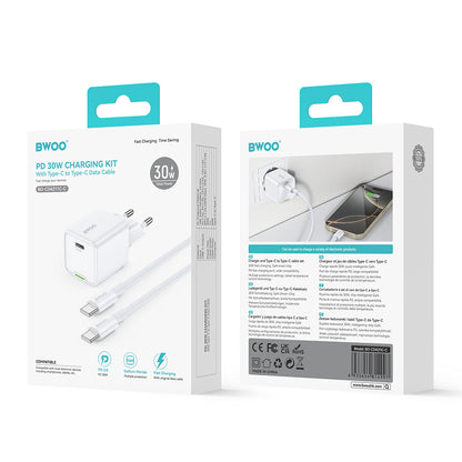 Cargador de Red con Cable USB-C BWOO CDA211, 30W, 3A, 1 x USB-C, Blanco