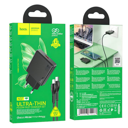 Cargador de Red con Cable Lightning HOCO N37, 30W, 3A, 1 x USB-C, Negro