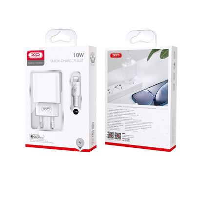 Cargador de Red con Cable USB-C XO Design CE02D, 18W, 3A, 1 x USB-A, Blanco