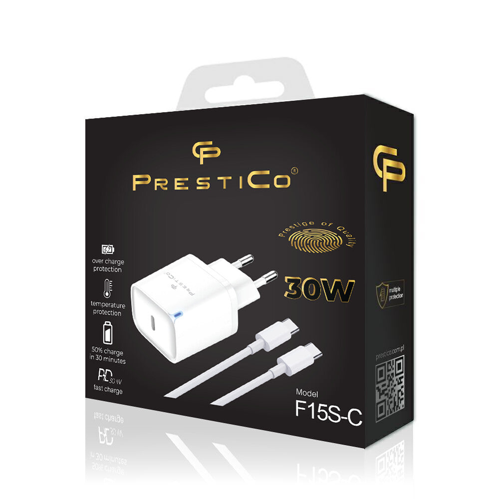 Cargador de Red con Cable USB-C Prestico F15S-C, 30W, 3A, 1 x USB-C, Blanco