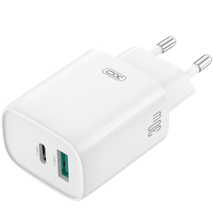 Cargador de Red con Cable USB-C XO Design CE30, 30W, 3A, 1 x USB-A - 1 x USB-C, Blanco