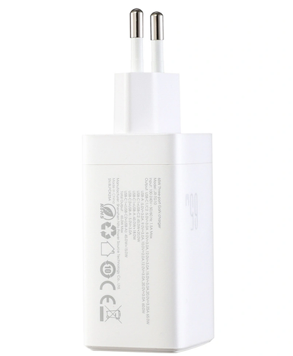 Cargador de Red con Cable USB-C Joyroom JR-TG10, 65W, 3.25A, 1 x USB-A - 2 x USB-C, Blanco