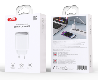 Cargador de Red con Cable USB-C XO Design CE19, 18W, 3A, 1 x USB-A, Blanco