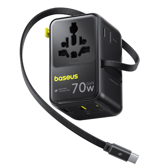 Cargador de Red con Cable USB-C Baseus Travel EnerCore CG11, 70W, 2 x Enchufe - 1 x USB-C - 2 x USB-A, Negro E0307E00